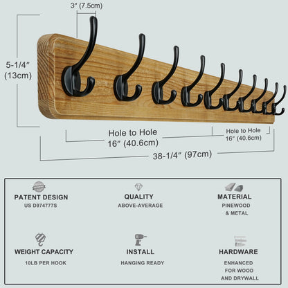 Dseap Coat Rack Wall: 97cm Long, Patented, Heavy-Duty, 10-Double-Hooks Wooden Wall Mounted Coat Rack Coat Hanger Hook Rail for Winter Coats Hat