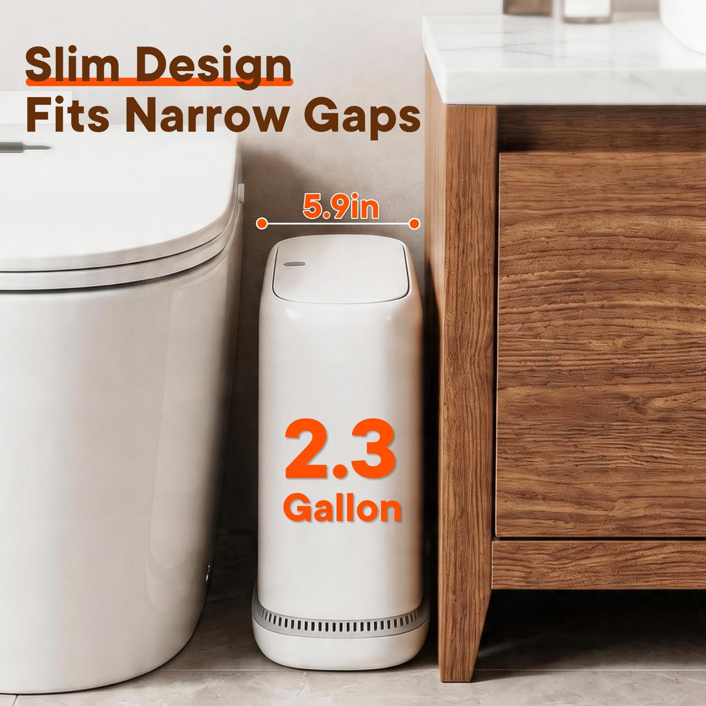TidyTale Bathroom Trash Can with Lid, Small Slim Garbage Bin with Inner Bucket, Dog Proof Press Top Lid Narrow Wastebasket, Hidden Bag Design