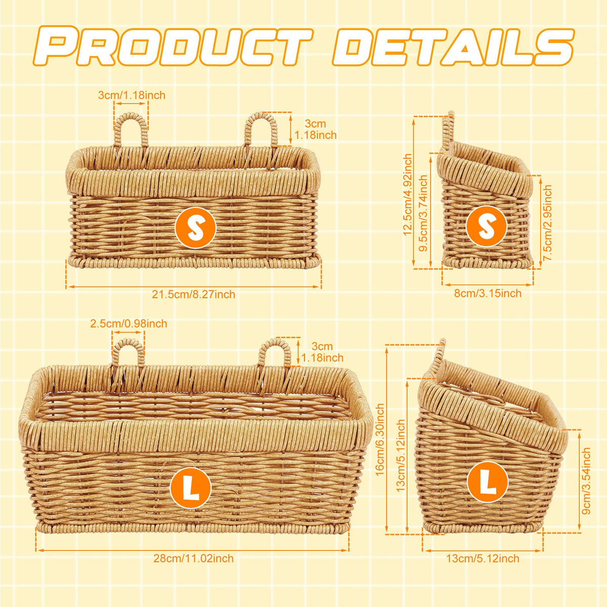 2 Pack Hanging Wall Baskets, Wicker Effect Plastic Rattan Woven Storage Baskets, Wall Mounted Organiser for Kitchen Onion Garlic
