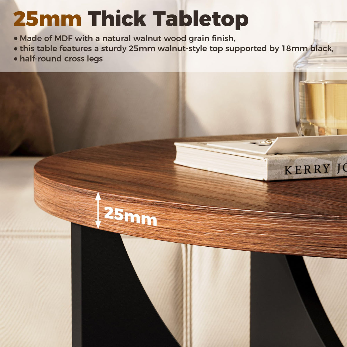 IRONCK Nesting Coffee Table Set of 2, Round Wooden Side Tables, Walnut