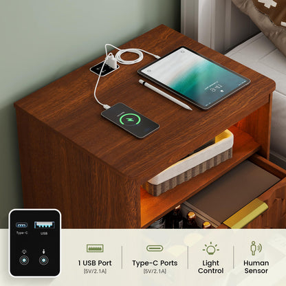Gurexl Led Bedside Tables with USB and Human Body Sensor for Bedroom,Walnut