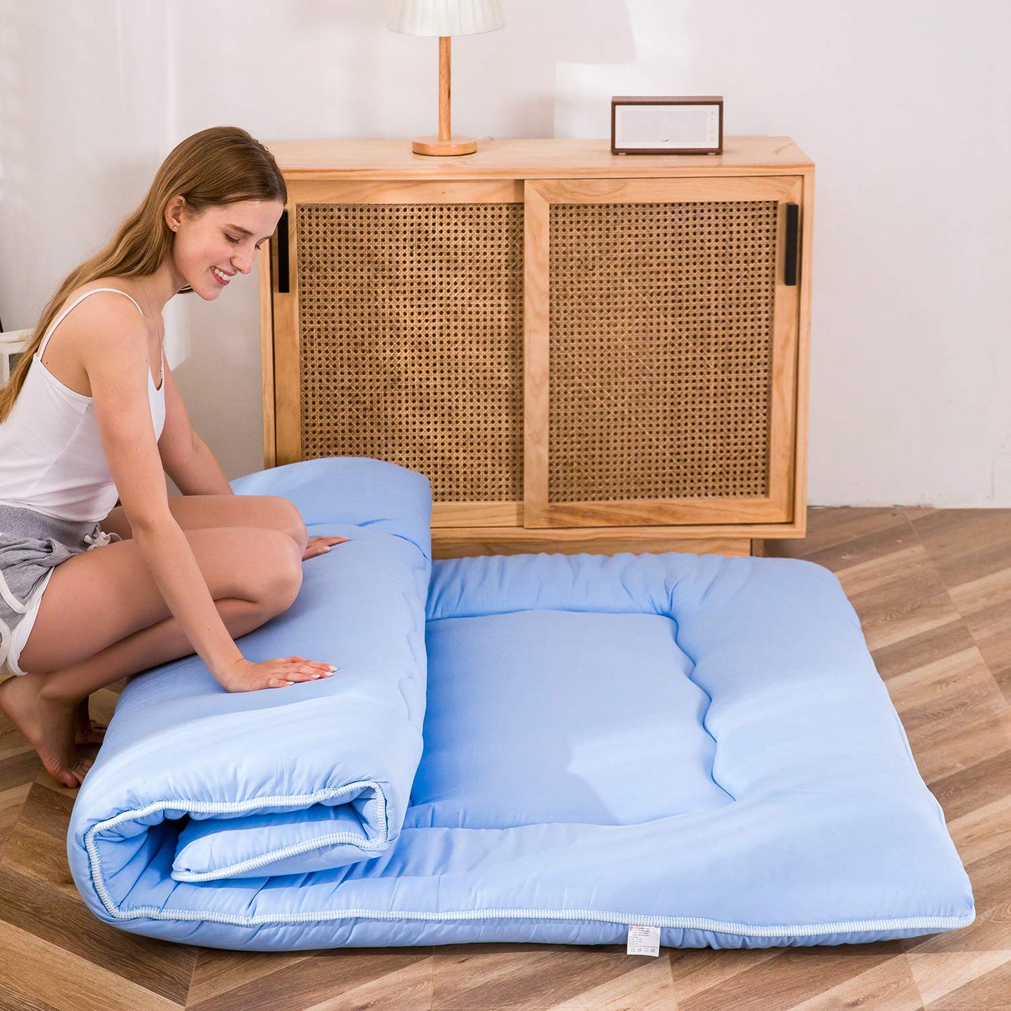 MAXYOYO Japanese Floor Futon Mattress, Thicken Tatami Sleeping Pad Foldable Roll Up Dormitory Mat Pad Floor Lounger Pillow Bed (Dusty-Blue, Double)