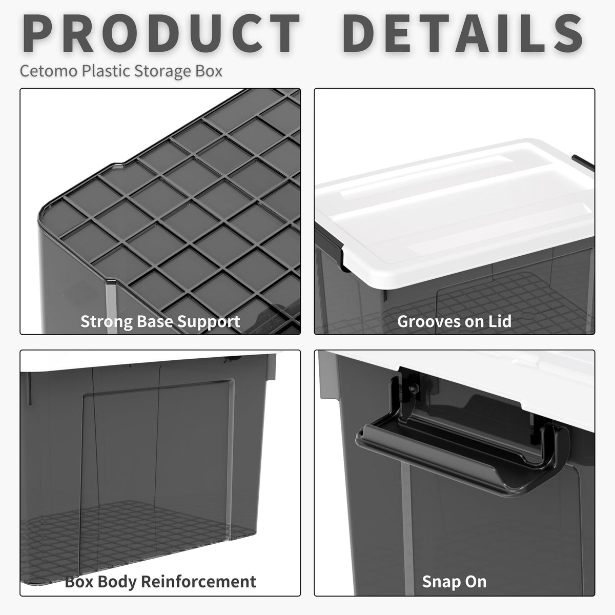 Cetomo 90L*4 Storage Boxes, Plastic Storage Box with Lids, Organizing Container with Secure Latching Buckles, Stackable, Nestable