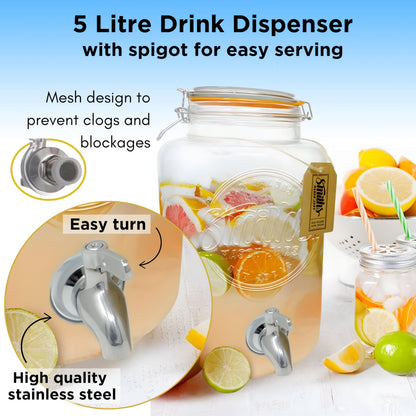 Smith's Mason Jars 5 Liter Glass Drinks Dispenser with Stainless Tap Spigot | Punch Dispenser | Drink Pitcher with Spout | Ideal for Outdoor Picnic