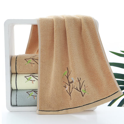 Pidada Hand Towels Set of 4 Embroidered Bird Tree Pattern 100% Cotton Absorbent Soft Decorative Towel for Bathroom 35 x 75 cm (Brown)