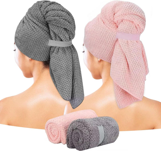 Eyeleaf Microfiber Hair Drying Towels, 100 x 60cm, 2 Pack, Pink/Grey, Quick Dry, Super Absorbent, for Long, Thick, Curly Hair