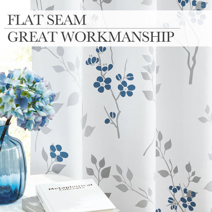 Beauoop Blue Grey Floral Blackout Curtains for Bedroom Living Room 54 Inch Drop Leaf Print Eyelet Curtain Botanical Thermal Insulated Noise Reducing