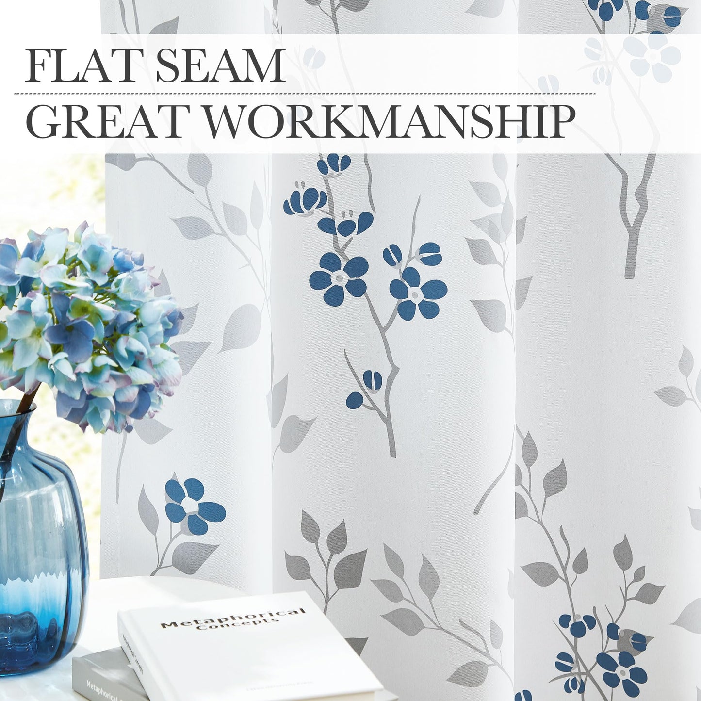 Beauoop Blue Grey Floral Blackout Curtains for Bedroom Living Room 72 Inch Drop Leaf Print Eyelet Curtain Botanical Thermal Insulated Noise Reducing