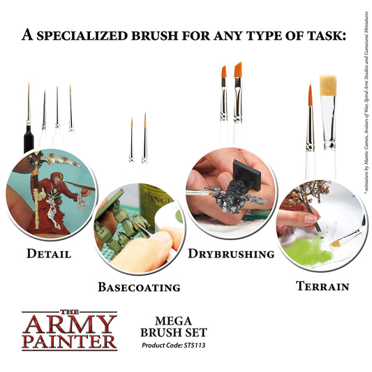 The Army Painter Wargames Mega Brush Set - 10 Miniature Paint Brushes Including Free Masterclass Kolinsky Sable Hair Brush and Detail Paint Brush with