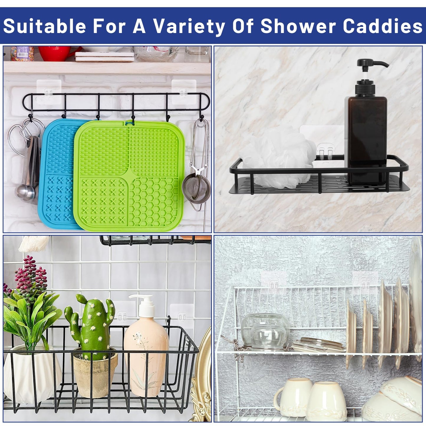 WJIAAA 15 Pack Shower Caddy Adhesive Hooks for Replacement, Strong Transparent Sticky Strips No Drill Bathroom Kitchen Shelf Organizer Racks