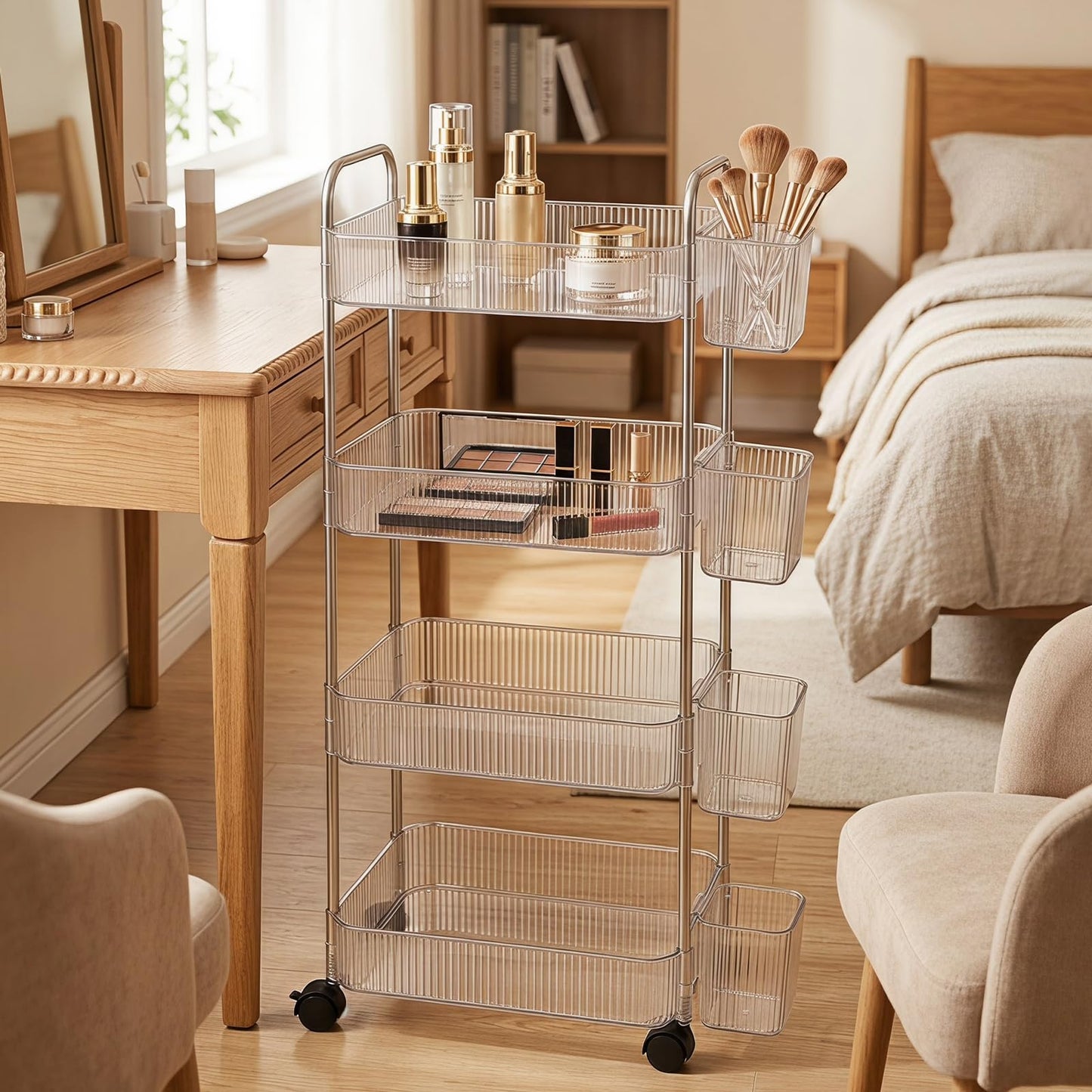 Nidoul 4-Tier Acrylic Rolling Storage Cart,Storage Trolley Lockable Wheels with 4Pcs Extra Hanging Cups Handles for Bathroom,Kitchen Storage and