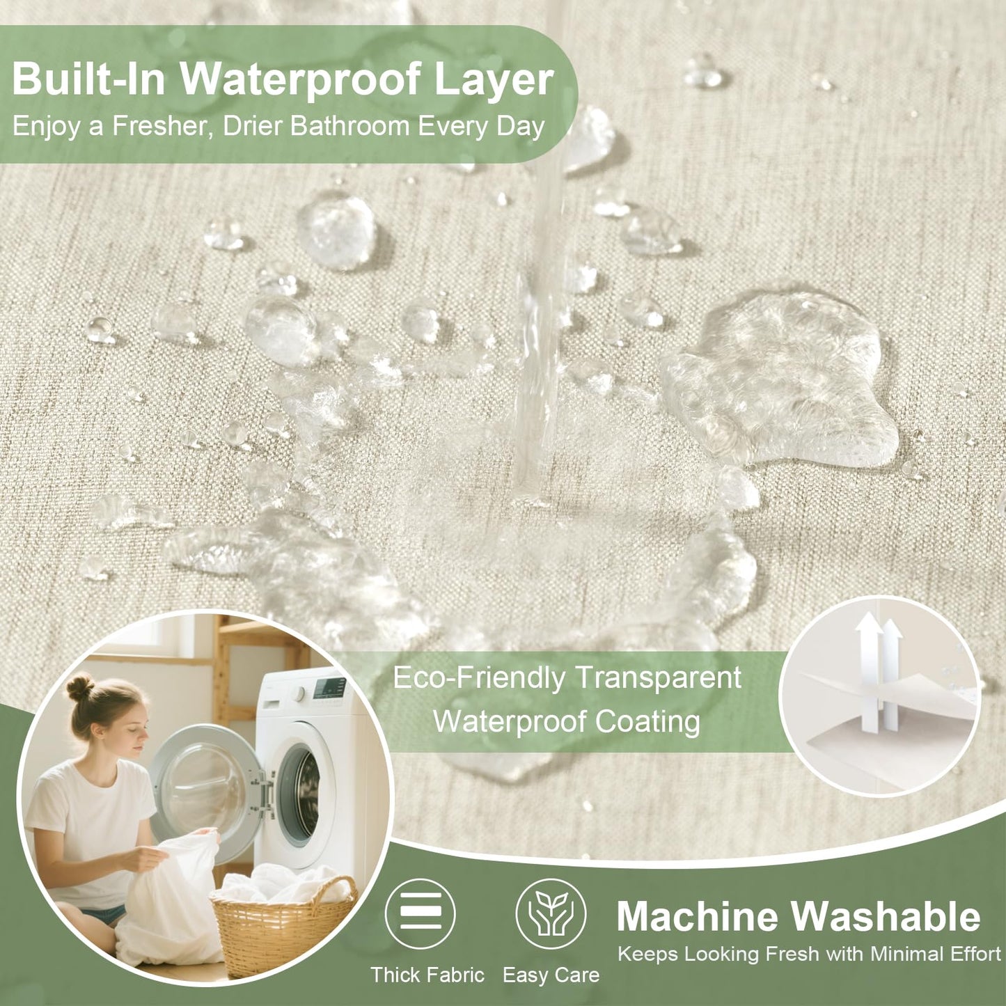 Hotel Style No Hook Rustic Linen Shower Curtain for Bathroom 230GSM Thick Fabric Texture Shower Curtains, Enhanced Waterproof, Weighted Hem