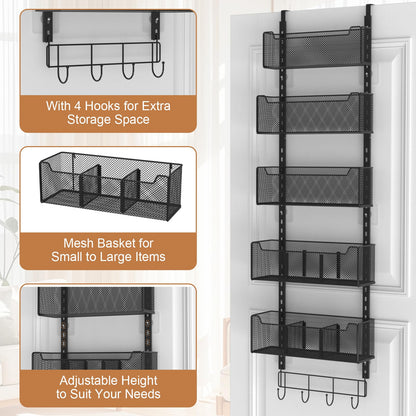 VyGrow Over The Door Storage, Metal Door Organiser Hanging with 5 Adjustable Baskets and Coat Hook