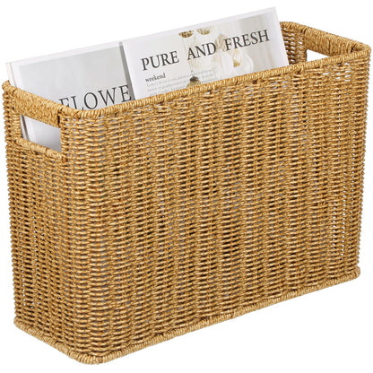 Happyyami Hand-woven Magazine Basket Magazine Wicker Basket Rattan Magazine Holder Desk Storage Baskets with Handle for Bathroom Office