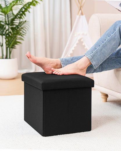 Bonlife Black Ottoman Storage Box - Foldable Rectangular Footstool for Living Room, Kids Toy Chest with Lid, Multi-Use Seat & Storage, 42x32x32 cm