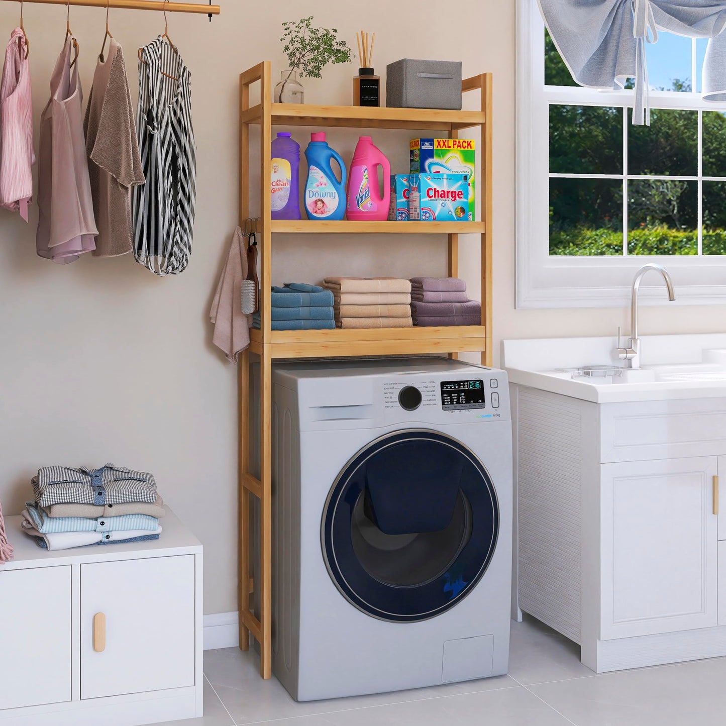 SMIBUY Bathroom Storage Shelf, Bamboo Over-The-Toilet Organizer Rack, Freestanding Toilet Space Saver with 3-Tier Adjustable Shelves (Natural)