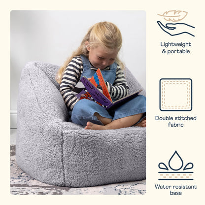 icon Kids Teddy Fleece Bean Bag Chair, Grey, Fluffy Kids Bean Bag Armchair with Filling Included for Girls and Boys, Childrens Chair, Nursery Dcor,