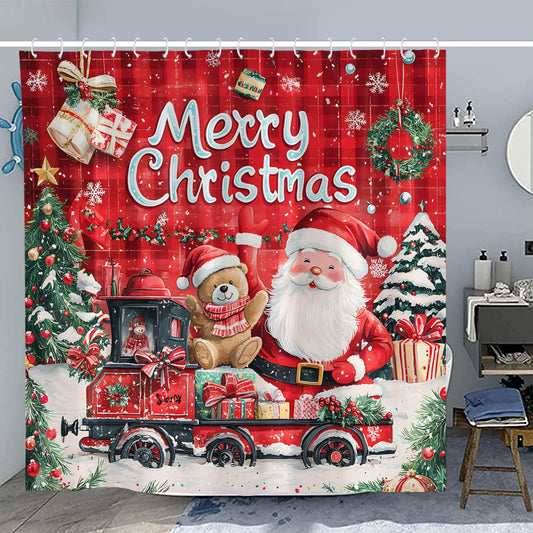 CJWLKJ Merry Christmas Shower Curtains for Bathroom 72 x 72 Red Buffalo Plaid Vintage Santa Bear Tree Winter Decoration Rustic Retro Farmhouse