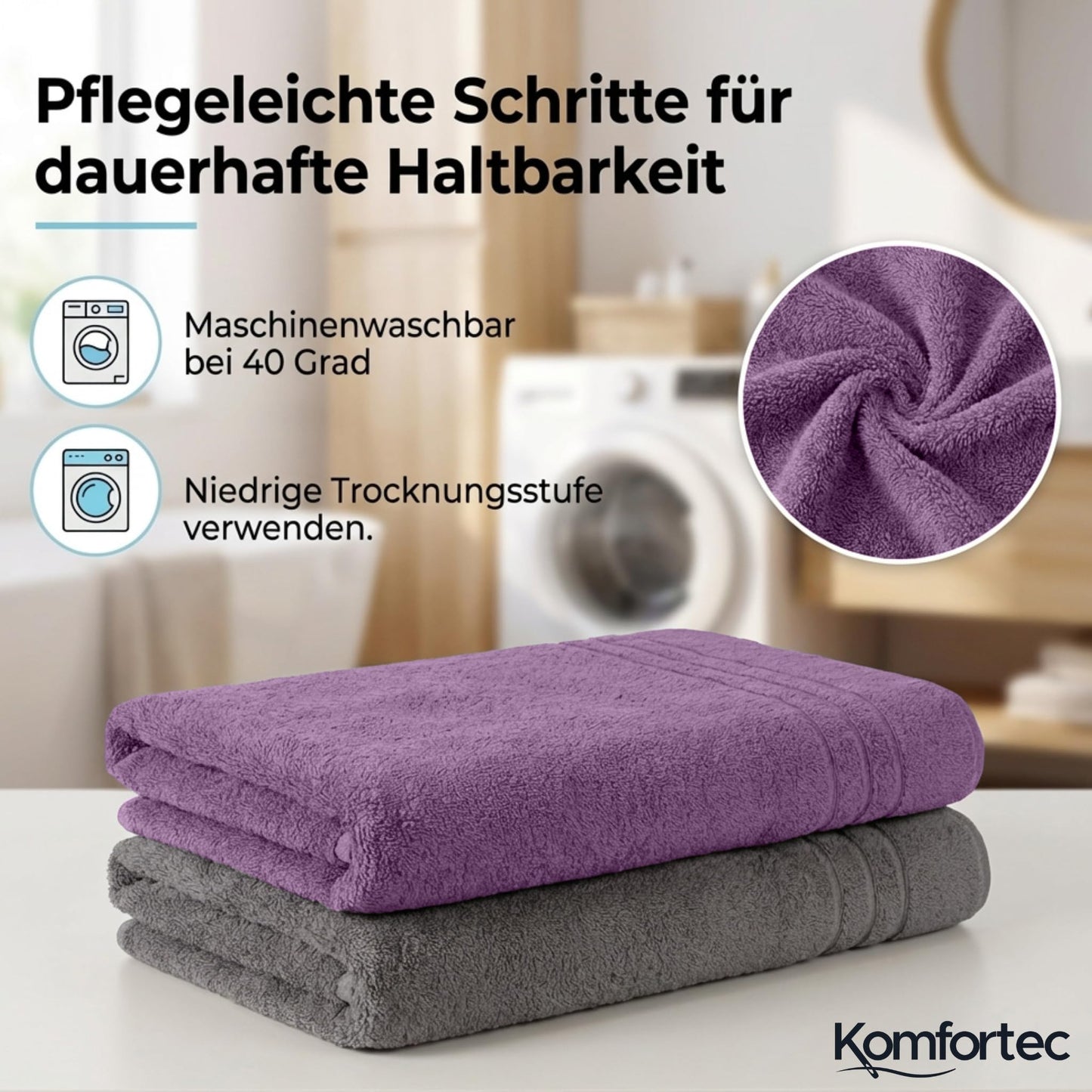 Komfortec Jumbo Bath Towels, 100% Cotton, Quick Dry, 80x200, Grey & Purple