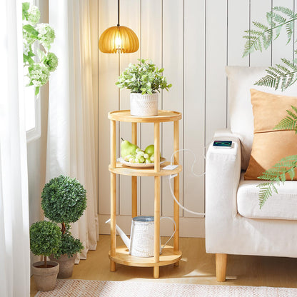 HOOBRO Round Side Table with Charging Station, 3-Tier Bamboo Small Sofa Table, Small Table Bedside Table with 1 AC, 1USB Port, 1 Type-C