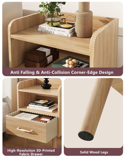 YMYNY Bedside Table Set of 2, Nightstand, Side Table, Wooden Sofa End Table with Fabric Drawer, Open Shelf, Solid Wood Legs, 39x29x63 cm, for Bedroom