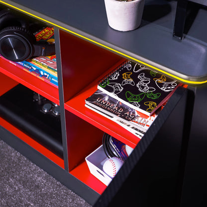X-Rocker Carbon-Tek 100cm Width, RGB LED TV Stand Media Centre - Neo Fibre Lighting, 2 Open Shelves, 2 Shelf Storage Cupboard
