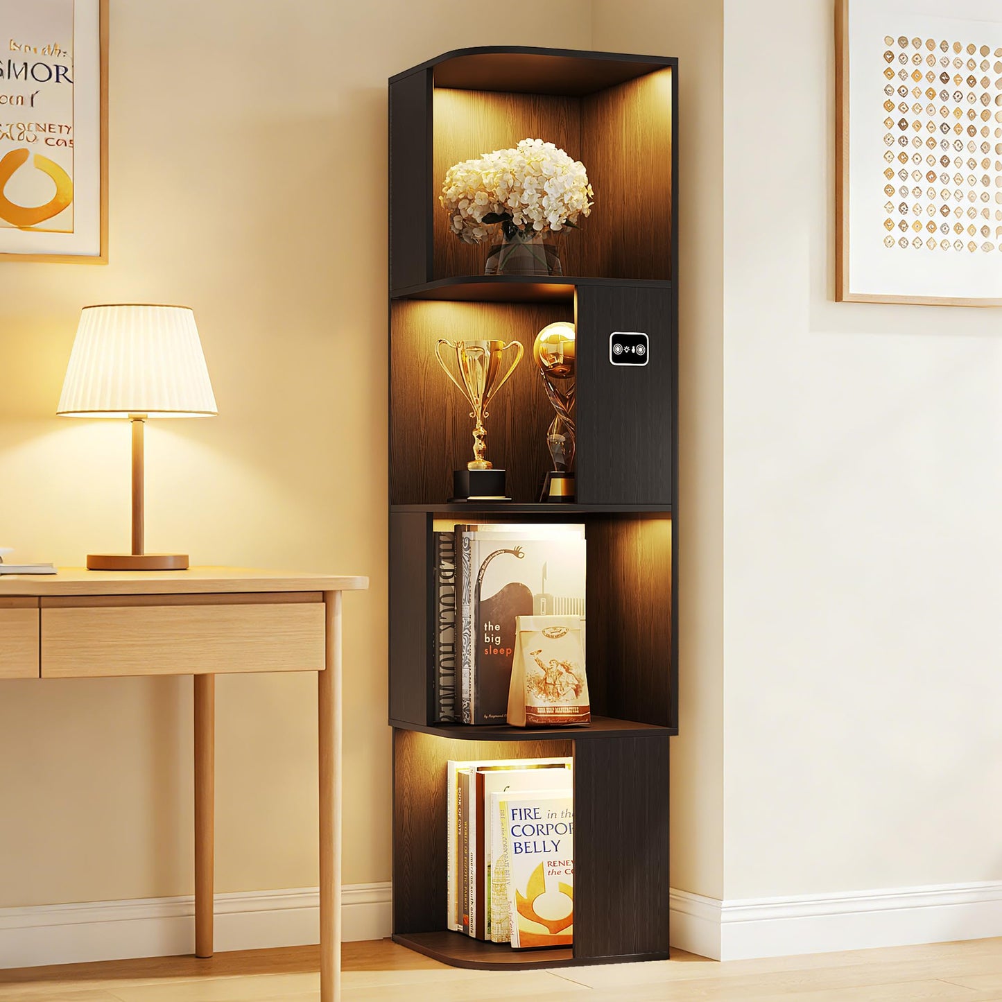 55.1 " Corner Wood Bookcase with Body Sensor LED for Home Office,Black