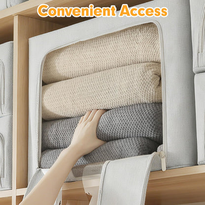AIOR 3PCS 100L Clothes Storage Bags with Metal Frame, Foldable Fabric Storage Boxes with Clear Windows for Blankets Bedding Comforters