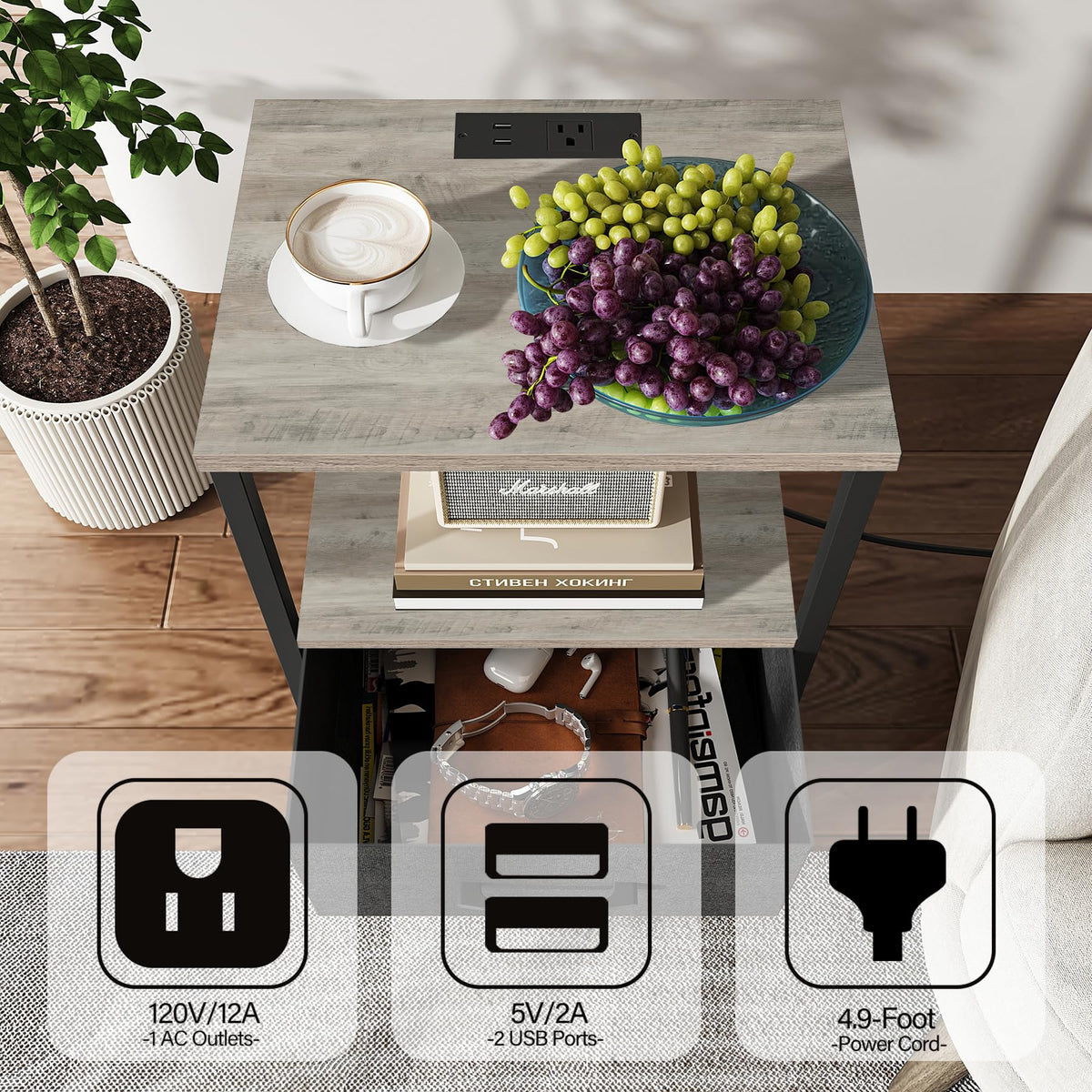 TUTOTAK Bedside Table with Charging Station, Side Table with 2 USB Ports and Outlets, Nightstand with Cloth Drawer, Set of 2, End Table
