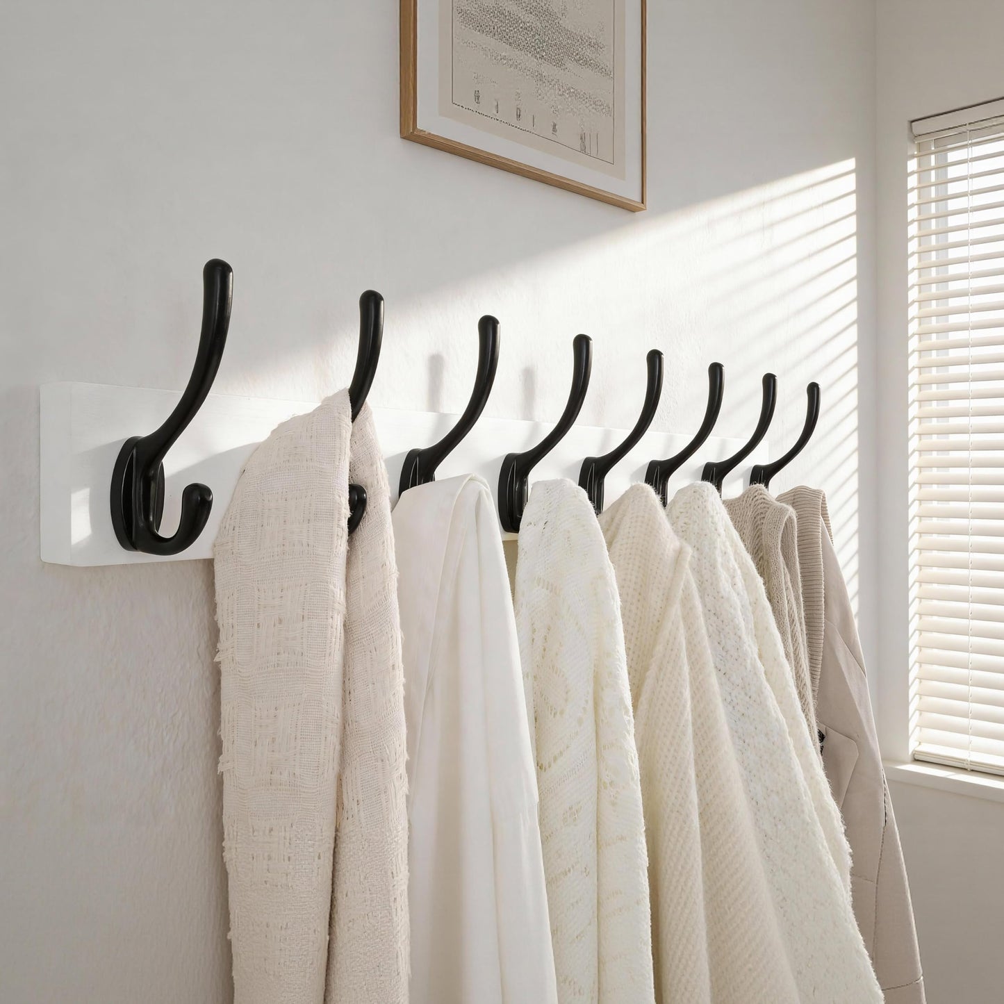 HONSKY Wall Coat Rack with 8 Double Hooks,Wooden Coat and Towel Hanger Storage for Entryway, Bathroom, Bedroom, Garage,White Base/Black Hook