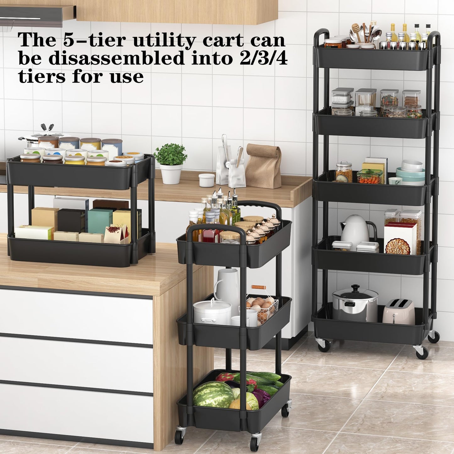 Sywhitta 5-Tier Plastic Rolling Utility Cart with Handle, Multi-Functional Storage Trolley for Office, Living Room, Kitchen
