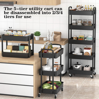 Sywhitta 5-Tier Plastic Rolling Utility Cart with Handle, Multi-Functional Storage Trolley for Office, Living Room, Kitchen