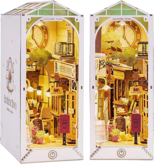 Rolife Book Nook Kits Booknook for Adults 3D Wooden Puzzle Model Kits for Bookshelf Bookends Decor with Furniture and Accessories (Sunshine Town)