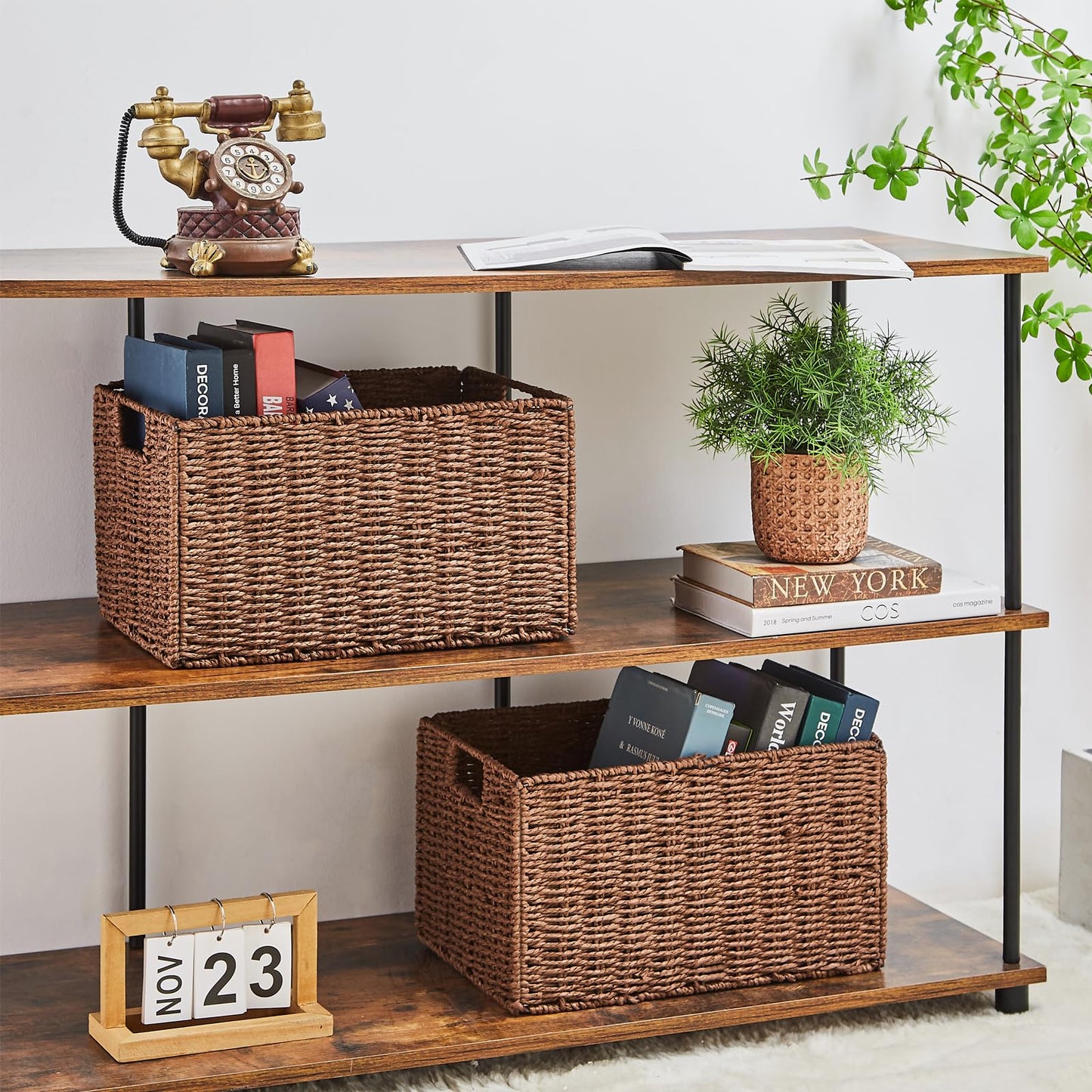 Vagusicc Wicker Storage Basket, Set of 2 Handwoven Storage Baskets for Shelves, Collapsible Storage Box Organiser Shelf Hamper Gift Basket for