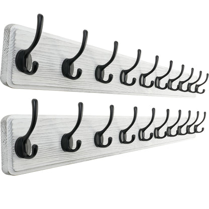 SKOLOO Farmhouse Style Wall Mounted Coat Rack, Pack of 2, Pine Solid Wood Coat Hook Hanger - 10 Hooks for Hanging Clothes Robes Towels Coats