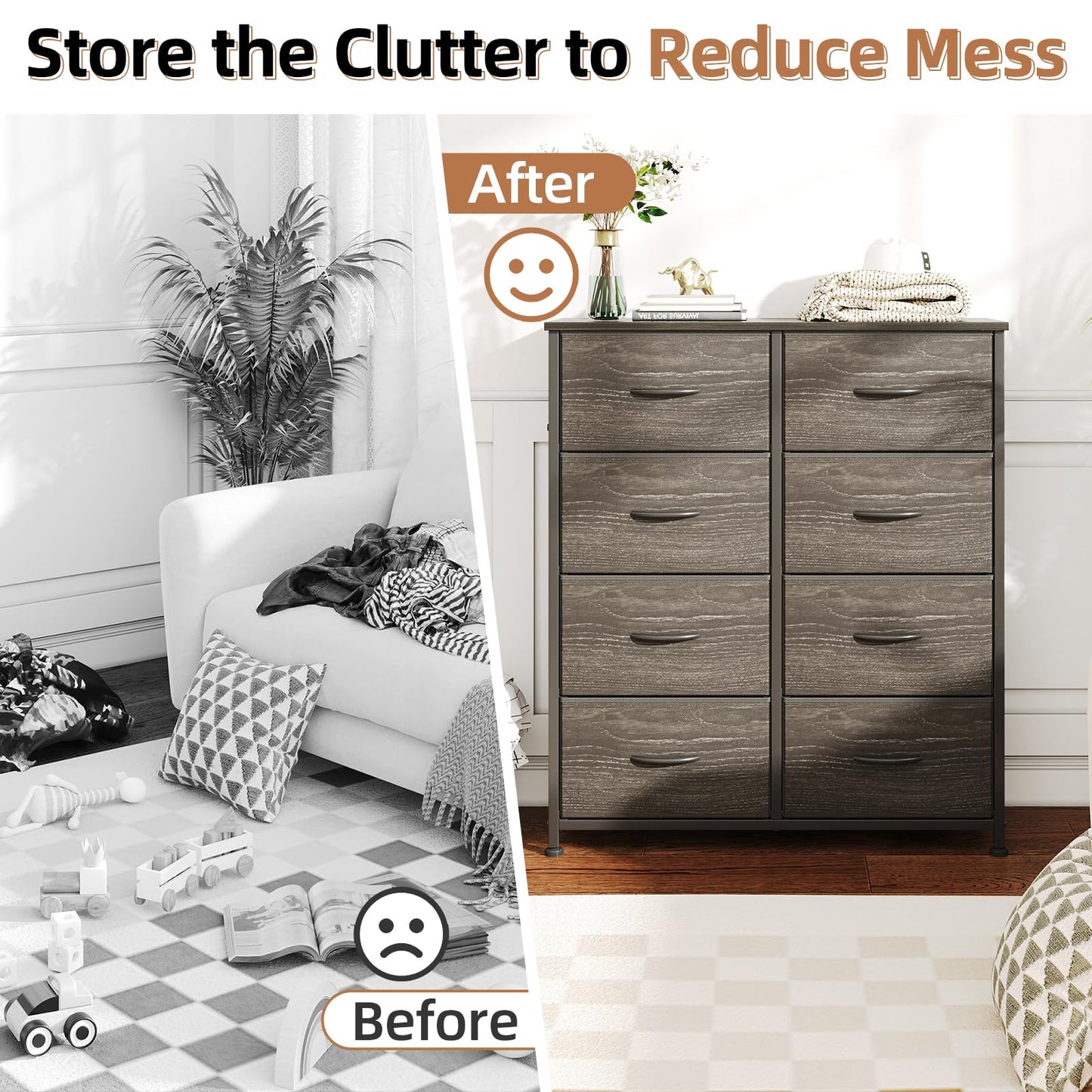 MUTUN 8 Drawers Chest of Drawers, Fabric Storage Dresser Vertical with Spacious Wooden Tabletop & Sturdy Metal Frame Large Storage Space for Bedroom