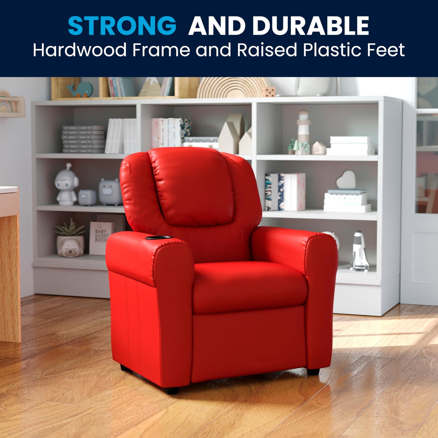 Flash Furniture Contemporary Kids Recliner with Cup Holder and Headrest, Wood, Red Vinyl, 60.96 x 48.26 x 48.26 cm
