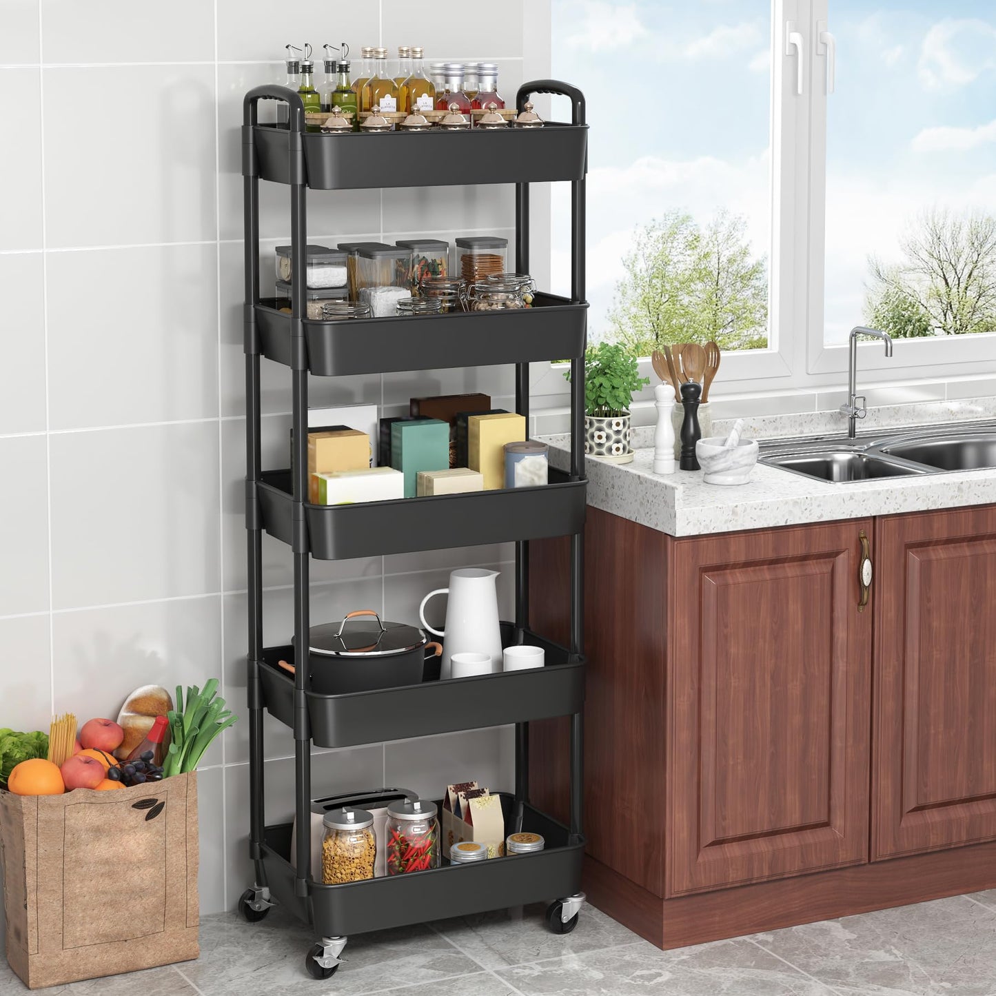 Sywhitta 5-Tier Plastic Rolling Utility Cart with Handle, Multi-Functional Storage Trolley for Office, Living Room, Kitchen