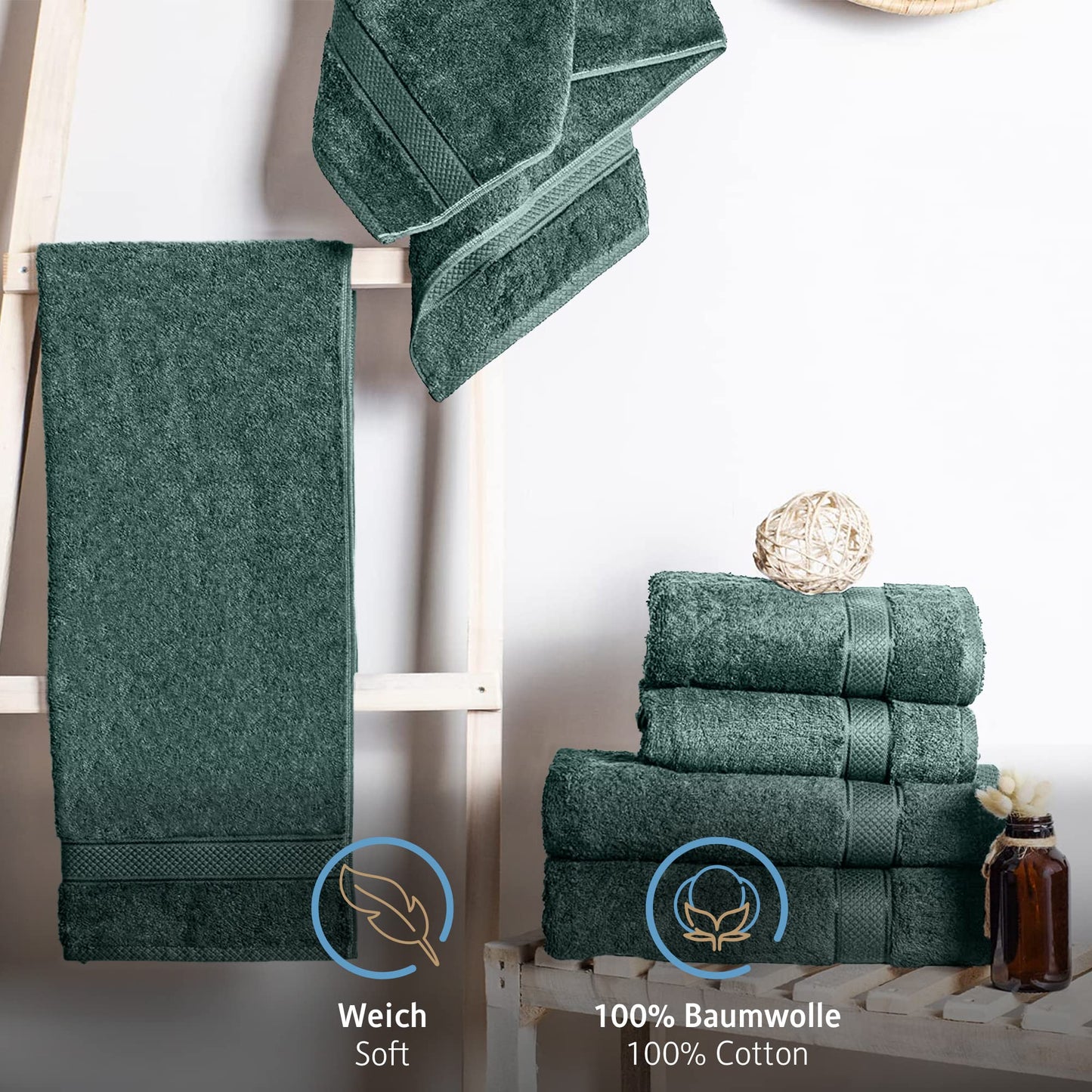 Komfortec Set of 8 Hand Towels 100% Cotton, 4 Bath Towels 70 x 140 cm and 4 Hand Towels 50 x 100 cm, Terry Clothing, Soft, Towel, Large, Dark Green