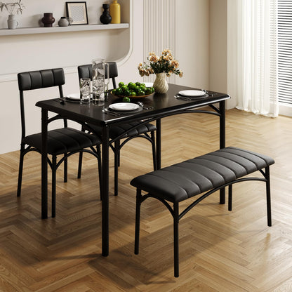 Crevyteg Space-Saving 4-Piece Dining Table Set Modern Industrial Kitchen Table with 2 Chairs and Bench for 4 Seater Dining Room Small Spaces