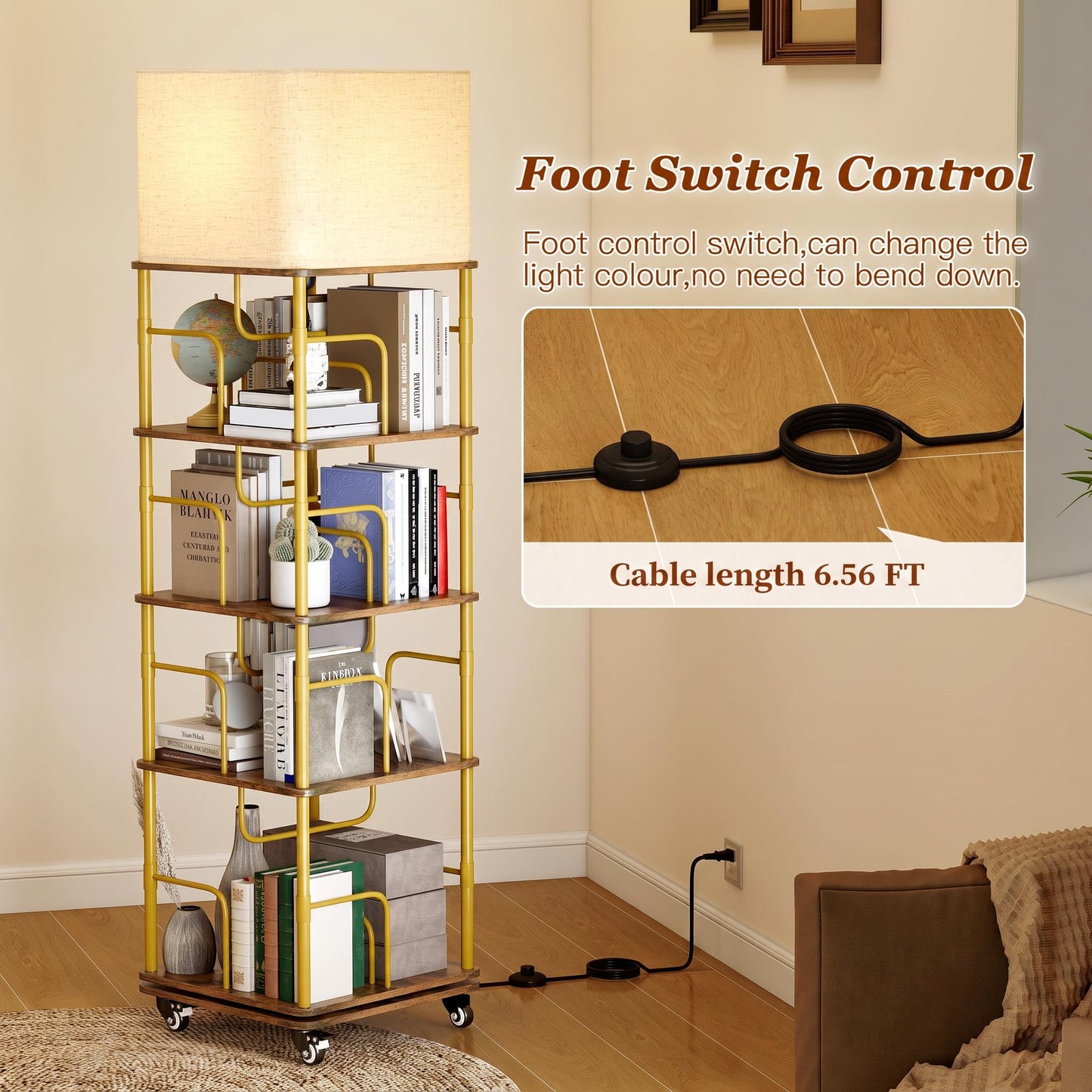 Quikraen 4-tier Rotating Bookshelf with LED and Lockable Castors，Gold+Brown