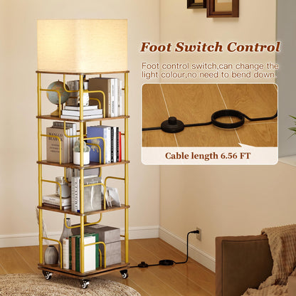 Quikraen 4-tier Rotating Bookshelf with LED and Lockable Castors，Gold+Brown
