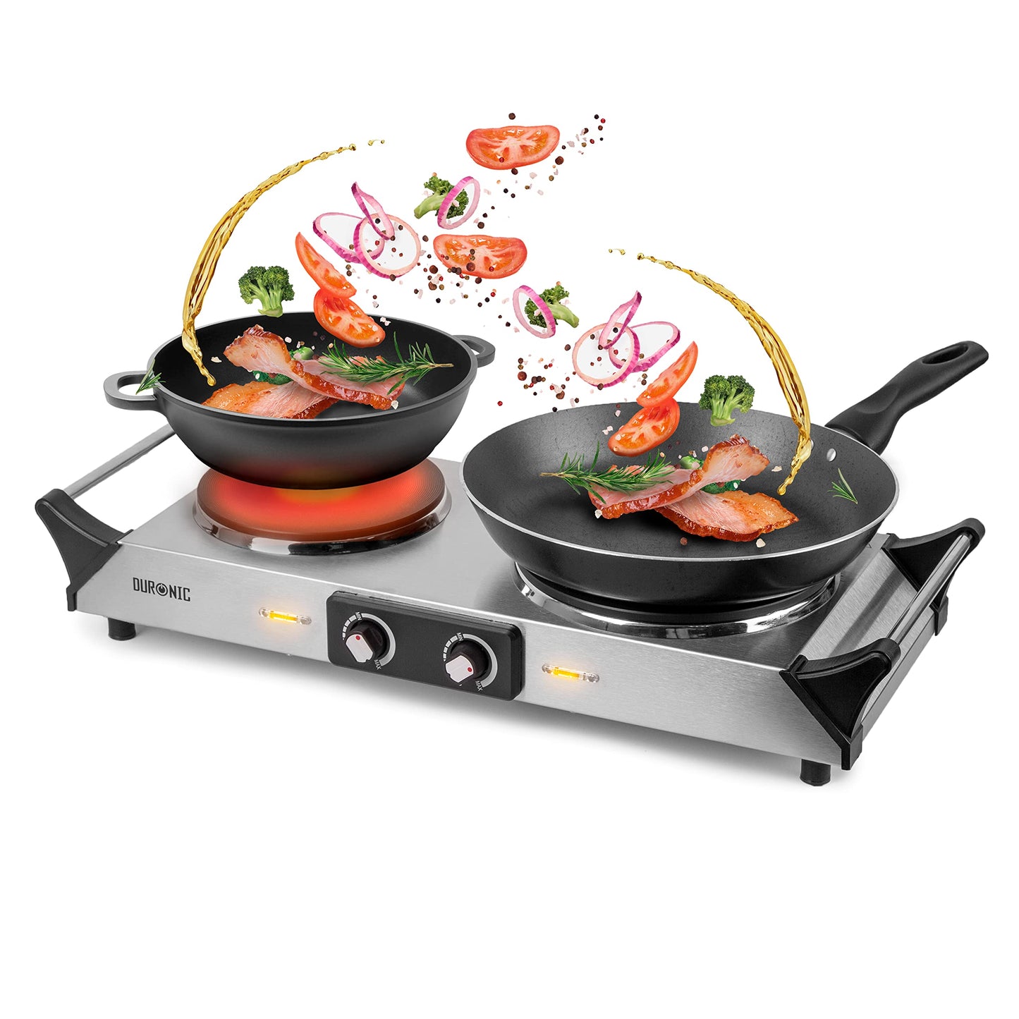 Duronic Hot Plate HP2 SS, Stainless Steel Table Top Cooking, 2500W Black Steel Electric Double Hob with Handles, 2 Cast Iron Portable Hob Burner Rings