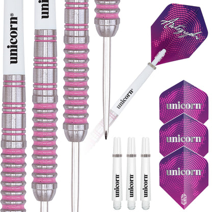 Unicorn Steel Tip Darts Set | Autograph Series Style 1 | 80% Natural Tungsten Barrels with Pink Accents | 22 g