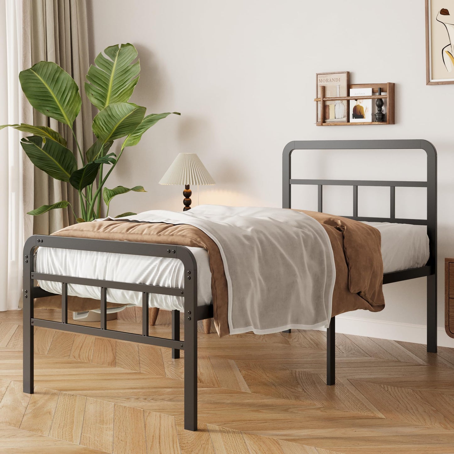 Yicensen Single Bed Frame with Curved Headboard and Footboard 90x200 cm, 46 cm Height Metal Bed Frame with Heavy Duty Slat Support, Underbed Storage
