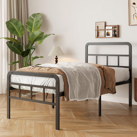 Yicensen Single Bed Frame with Curved Headboard and Footboard 90x200 cm, 46 cm Height Metal Bed Frame with Heavy Duty Slat Support, Underbed Storage