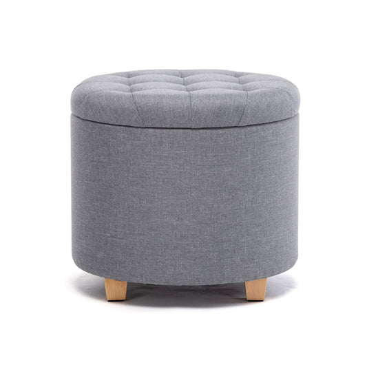 HNNHOME 45cm Round Linen Padded Seat Ottoman Storage Stool Box, Footstool Pouffes Chair with Lids (Pearl River)