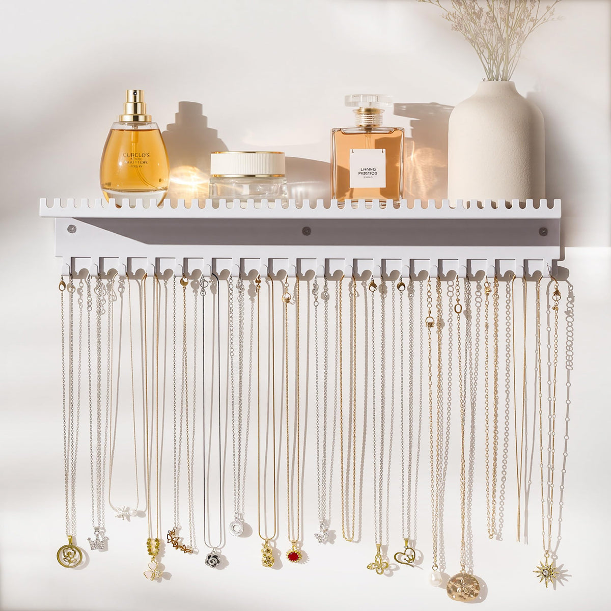 Josmimic Necklace Holder Wall Hanging Organiser: Wall Mounted Jewellery Shelf with 56 Hooks and Tray, Display Hanger for Kids, Girls and Women