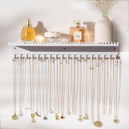 Josmimic Necklace Holder Wall Hanging Organiser: Wall Mounted Jewellery Shelf with 56 Hooks and Tray, Display Hanger for Kids, Girls and Women