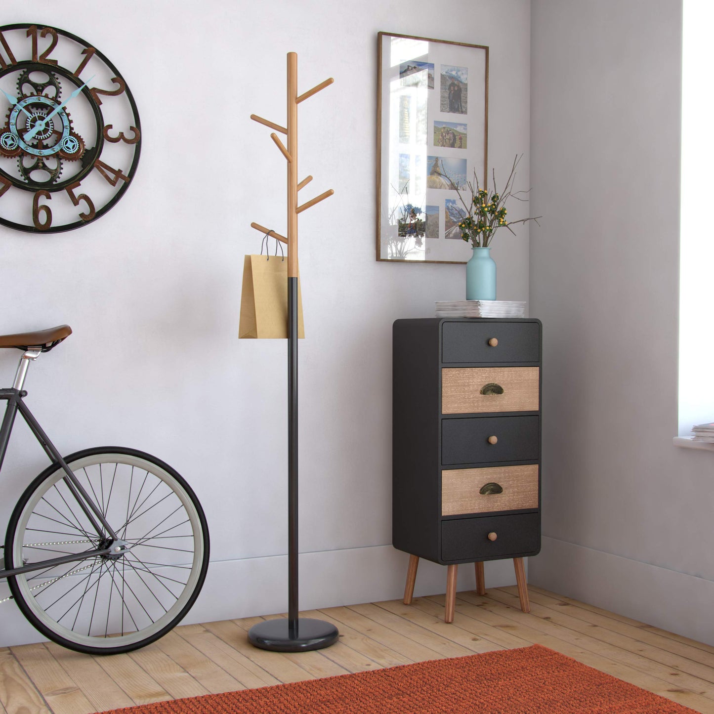 Versa Malmö Floorstanding Coat Rack ideal for hallway or entryway, with 6 Clothes or Bag Hooks or Hangers for the Hallway, Measurements